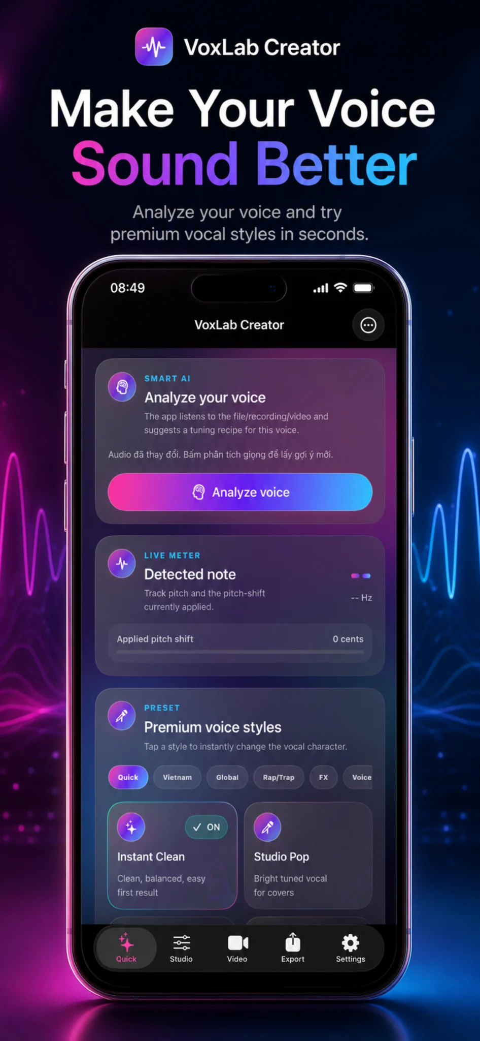 VoxLab Creator screenshot showing Analyze your voice, live meter, and premium voice styles